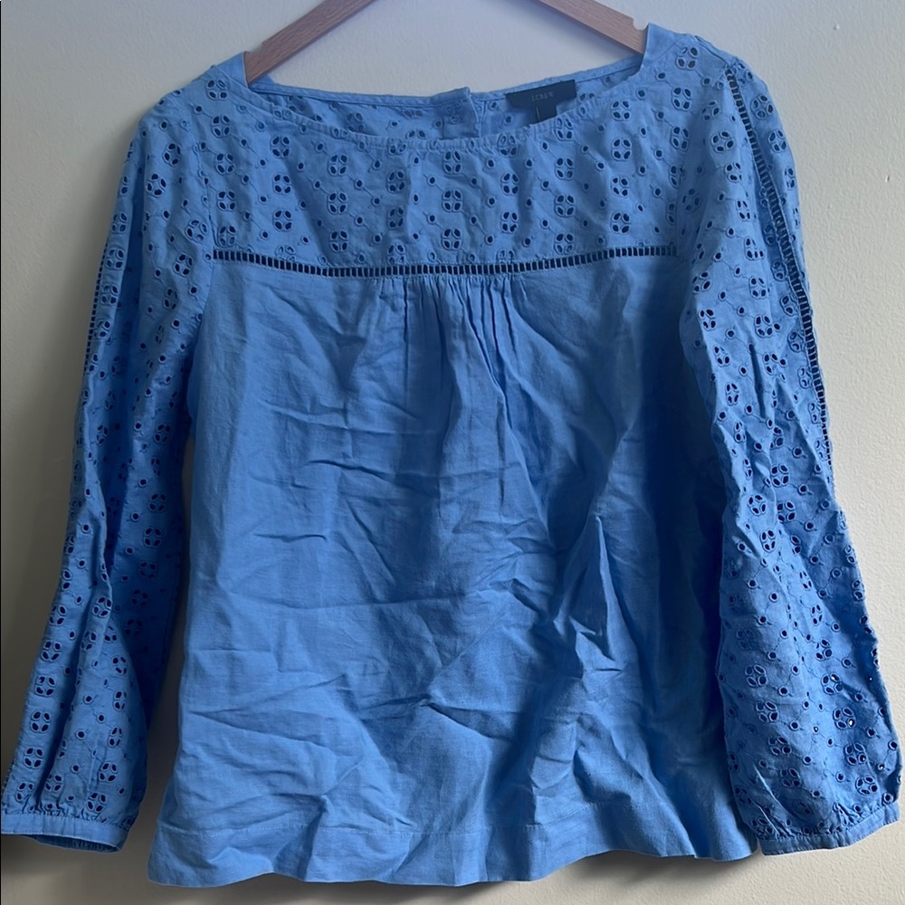 J. Crew Blue Embroidered Blouse with Full Sleeves